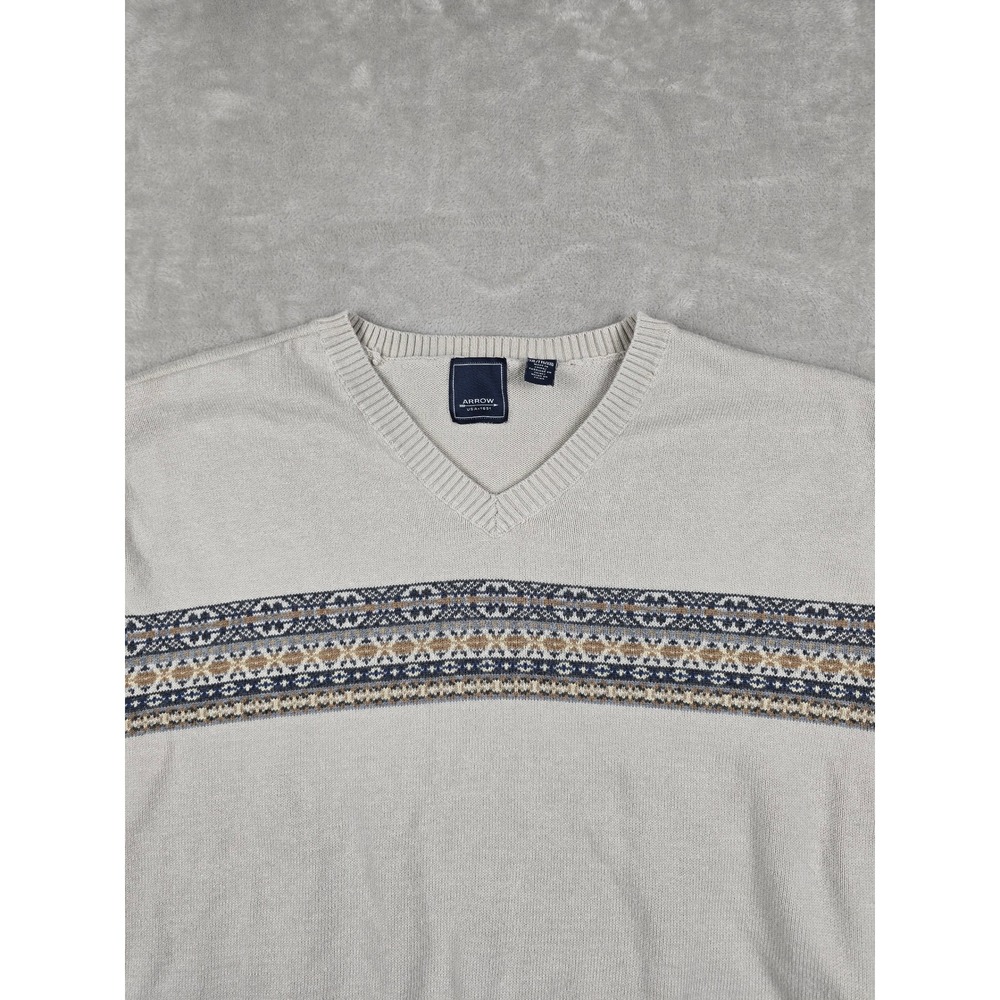 Arrow Sweater Men XXL Beige V-Neck Fair Isle Pattern Cotton Knit Pullover - Picture 2 of 8